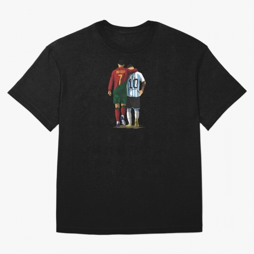 Messi Ronaldo Chit Chat Illustration Oversized T-Shirt Keep Football History Alive during FIFA World Cup 2026 with Haaland and Mbappe, France Energy, Vintage Soccer Flavor, Modern Football Stars, National Flags and Final Night Emotion; Great for