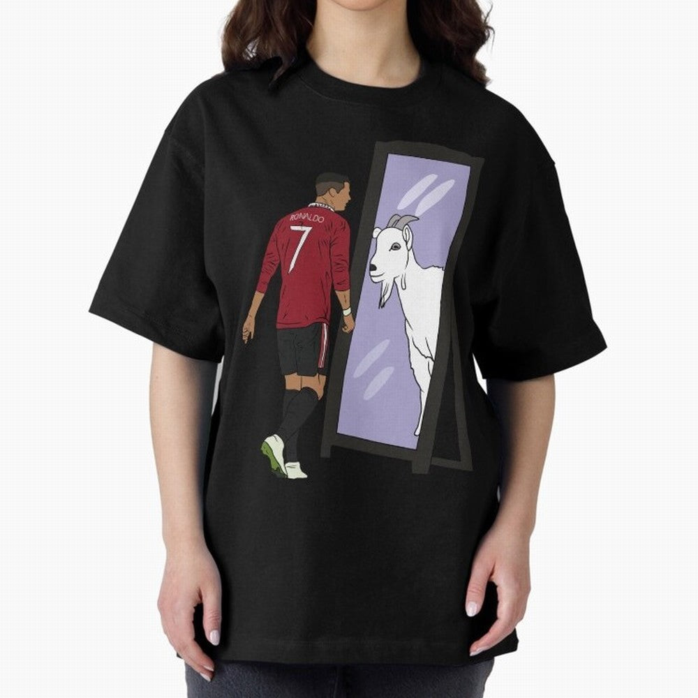 Cristiano Ronaldo Mirror GOAT Oversized T-Shirt Show Match Day Excitement for FIFA World Cup 2026 Centered on Messi and Cristiano Ronaldo, France and Portugal Energy, Sports Nostalgia, International Competition, Famous Players and Unforgettable