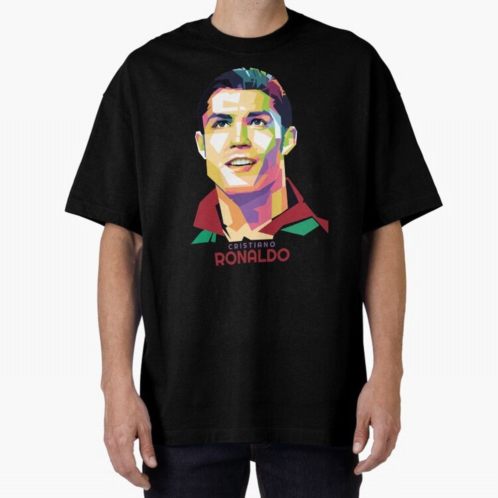 Geometric Celebrity Cristiano Ronaldo Oversized T-Shirt Fuel Global Football Passion for FIFA World Cup 2026, Inspired by Messi, Neymar and Mbappe, Spain and Netherlands, Vintage Soccer Flavor, Modern Football Stars, National Flags and Final Night