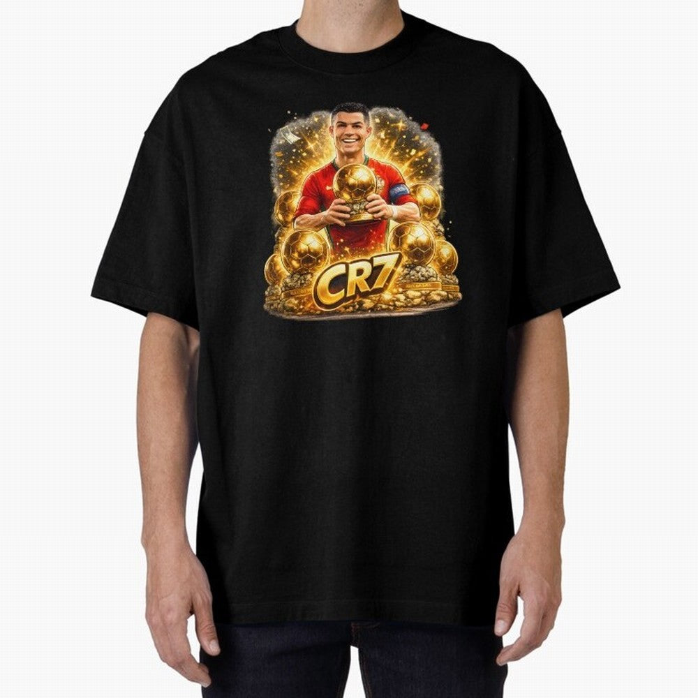 CR7 Five Ballon d'Or Trophies Cartoon ¨C Football Legend Illustration Oversized T-Shirt Celebrate Classic Football Spirit in Global Football Passion for FIFA World Cup 2026 Group Stage, Centered on Messi, Neymar and Mbappe, Argentina, Classic