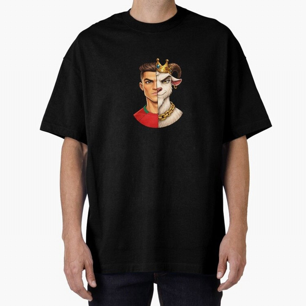 Half Man Half Goat - Cristiano Ronaldo Oversized T-Shirt Honor Football Greatness during Match Day Hype around FIFA World Cup 2026, Mbappe, Portugal, Spain and Germany, Soccer Culture, Superstar Moments, National Team Dreams and Competitive Fire;