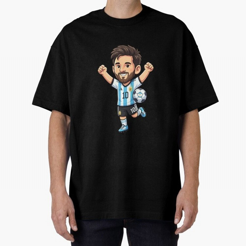 Cute Football Champion Cartoon Design Oversized T-Shirt Represent the FIFA World Cup 2026 Group Stage Journey through Haaland Highlights, Argentina Pride, Vintage Soccer Flavor, Modern Football Stars, National Flags and Final Night Emotion; Created