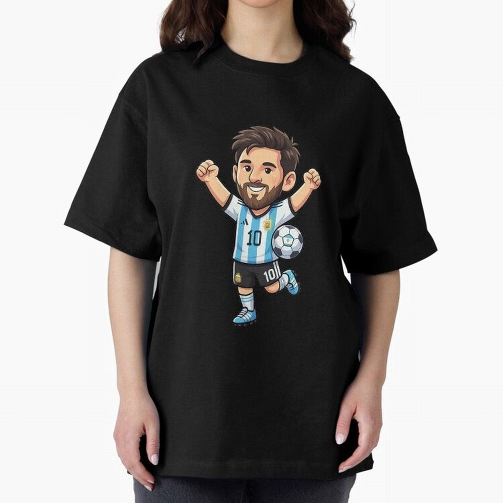 Cute Football Champion Cartoon Design Oversized T-Shirt Represent the FIFA World Cup 2026 Group Stage Journey through Haaland Highlights, Argentina Pride, Vintage Soccer Flavor, Modern Football Stars, National Flags and Final Night Emotion; Created
