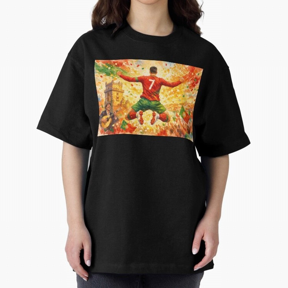Soccer Player in Mid-Air Celebration Legend CR7 Oversized T-Shirt Make the Season About FIFA World Cup 2026 Group Stage for Fans of Messi and Portugal, Spain and Germany, Bringing Championship Spirit, Famous Goals, Roaring Crowds and International