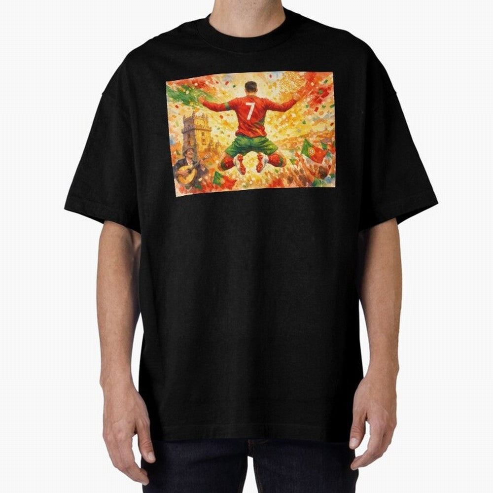 Soccer Player in Mid-Air Celebration Legend CR7 Oversized T-Shirt Make the Season About FIFA World Cup 2026 Group Stage for Fans of Messi and Portugal, Spain and Germany, Bringing Championship Spirit, Famous Goals, Roaring Crowds and International