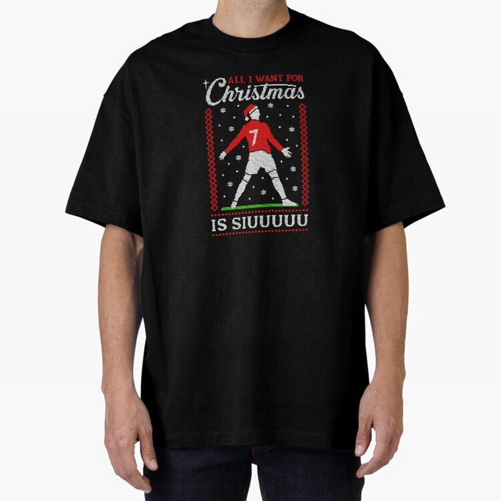 All I Want For Christmas Is Siuu Funny Christmas Festive Knitted Oversized T-Shirt Spotlight Match Day Hype around FIFA World Cup 2026 Group Stage, Messi, Brazil, Retro Football Energy, Iconic Rivalries, Trophy Chase Drama and Stadium Atmosphere;