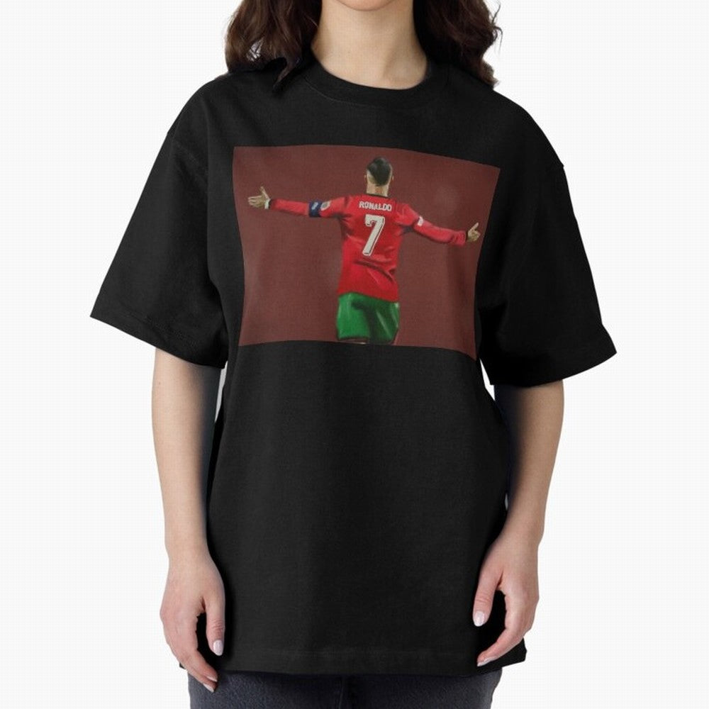 Cristiano Ronaldo portrait painting Oversized T-Shirt Celebrate Fan Culture around FIFA World Cup 2026 USA Canada Mexico Spirit, Celebrating Argentina, Messi, Championship Spirit, Famous Goals, Roaring Crowds and International Football Unity; Great