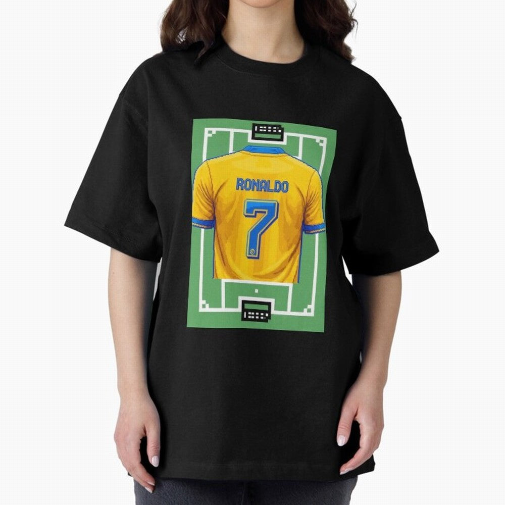 Cristiano Ronaldo Al-Nassr 8-Bit Soccer Football Oversized T-Shirt Elevate Match Day Hype around FIFA World Cup 2026, CR7 and Messi, Germany, Retro Football Energy, Iconic Rivalries, Trophy Chase Drama and Stadium Atmosphere; Perfect for Supporters