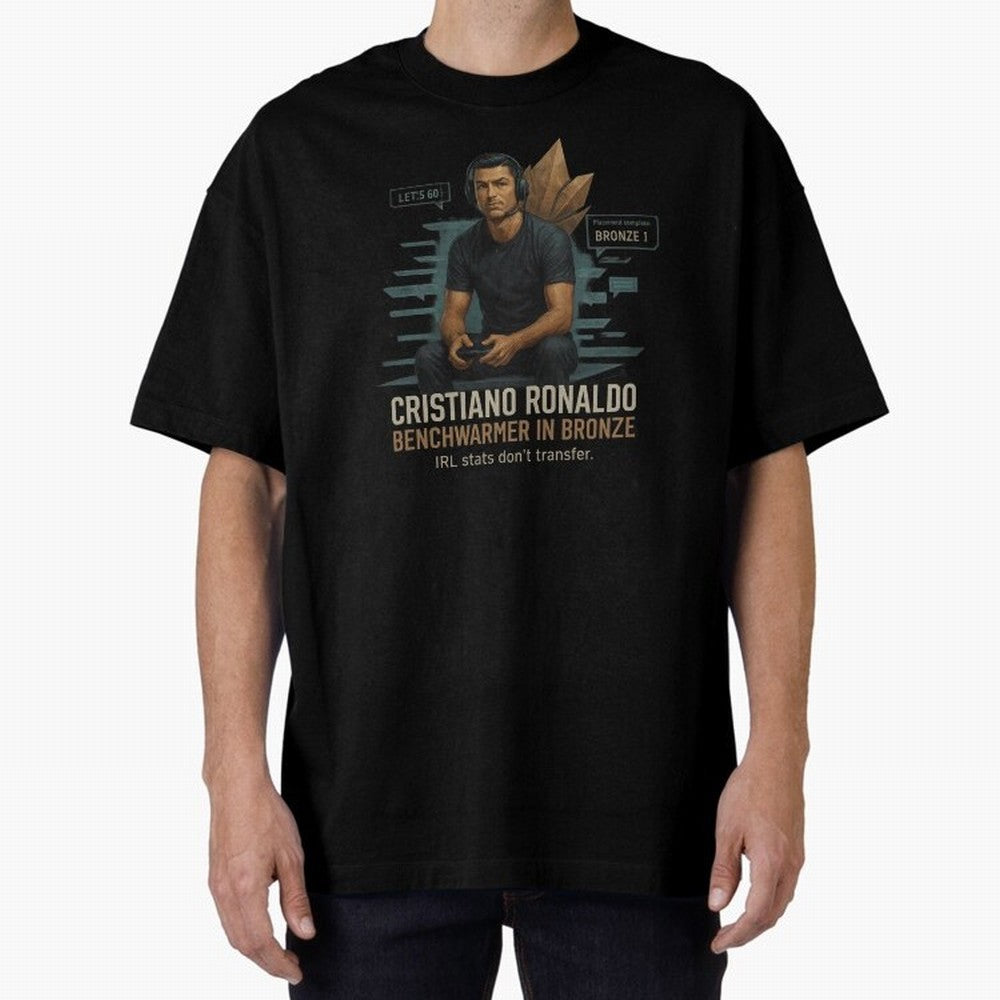 Cristiano Ronaldo Bronze Gamer ¨C Benchwarmers IRL Stats Don¡¯t Transfer Oversized T-Shirt Keep the Match Day Mood of FIFA World Cup 2026 Group Stage Spirit, Made for Argentina and Brazil, Messi, Football Festival Excitement, Trophy Ambitions,