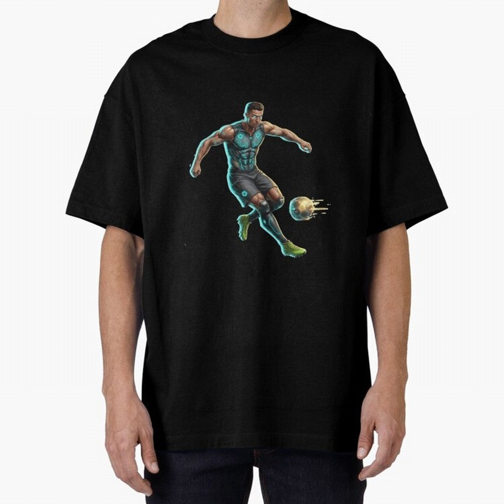 Cyberpunk Cristiano Ronaldo: Futuristic CR7 Kicking Glowing Soccer Ball Fan Art Oversized T-Shirt Share the FIFA World Cup 2026 Journey through Messi, Neymar and Mbappe Highlights, France Pride, Champion Mindset, Group Stage Buzz, Knockout Tension