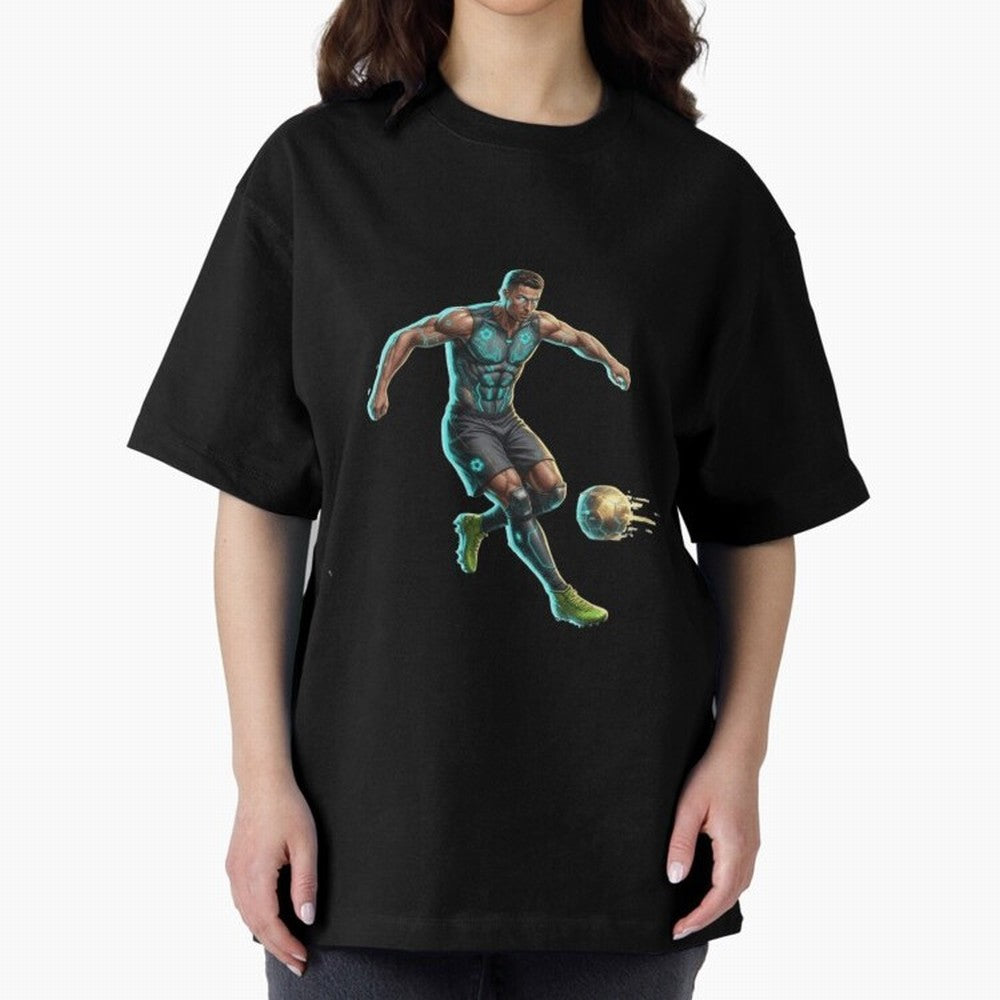 Cyberpunk Cristiano Ronaldo: Futuristic CR7 Kicking Glowing Soccer Ball Fan Art Oversized T-Shirt Share the FIFA World Cup 2026 Journey through Messi, Neymar and Mbappe Highlights, France Pride, Champion Mindset, Group Stage Buzz, Knockout Tension