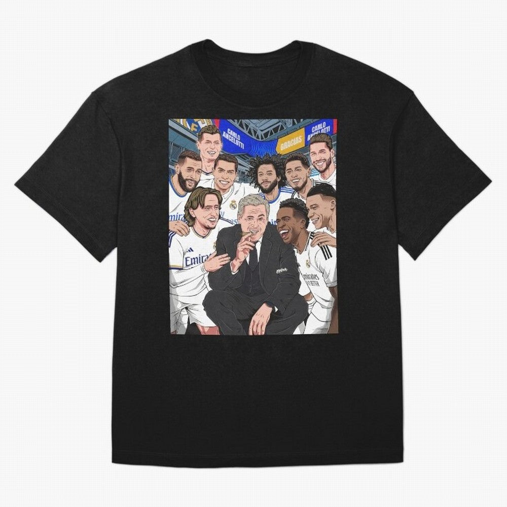 Carlo Ancelotti and Real Madrid Players Oversized T-Shirt Represent Football Lovers during Global Football Passion for FIFA World Cup 2026, Capturing Messi, Brazil, Portugal and Argentina, Championship Spirit, Famous Goals, Roaring Crowds and