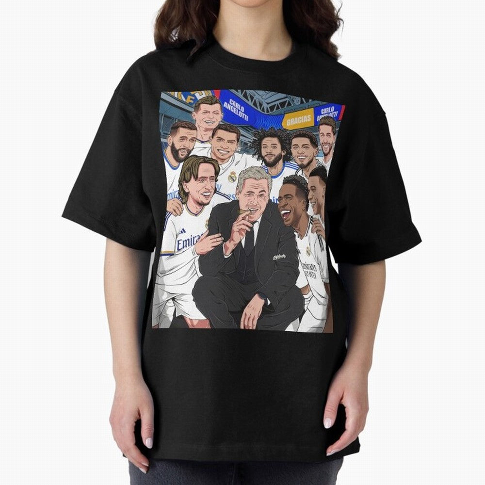 Carlo Ancelotti and Real Madrid Players Oversized T-Shirt Represent Football Lovers during Global Football Passion for FIFA World Cup 2026, Capturing Messi, Brazil, Portugal and Argentina, Championship Spirit, Famous Goals, Roaring Crowds and