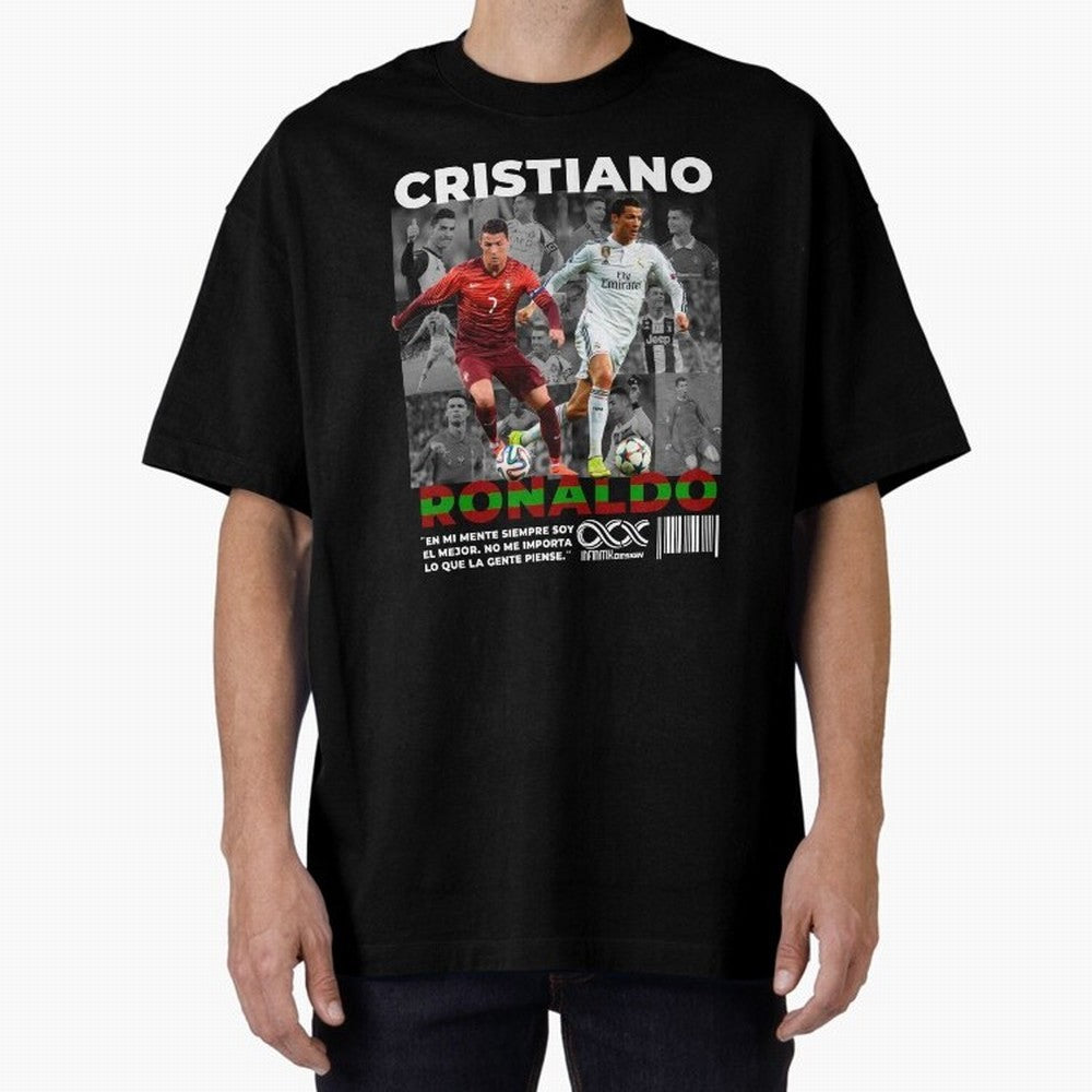 Cristiano Ronaldo Collage Oversized T-Shirt Show Your Stadium Side during the FIFA World Cup 2026 USA Canada Mexico Journey through Messi Highlights, Spain Pride, Championship Spirit, Famous Goals, Roaring Crowds and International Football Unity;