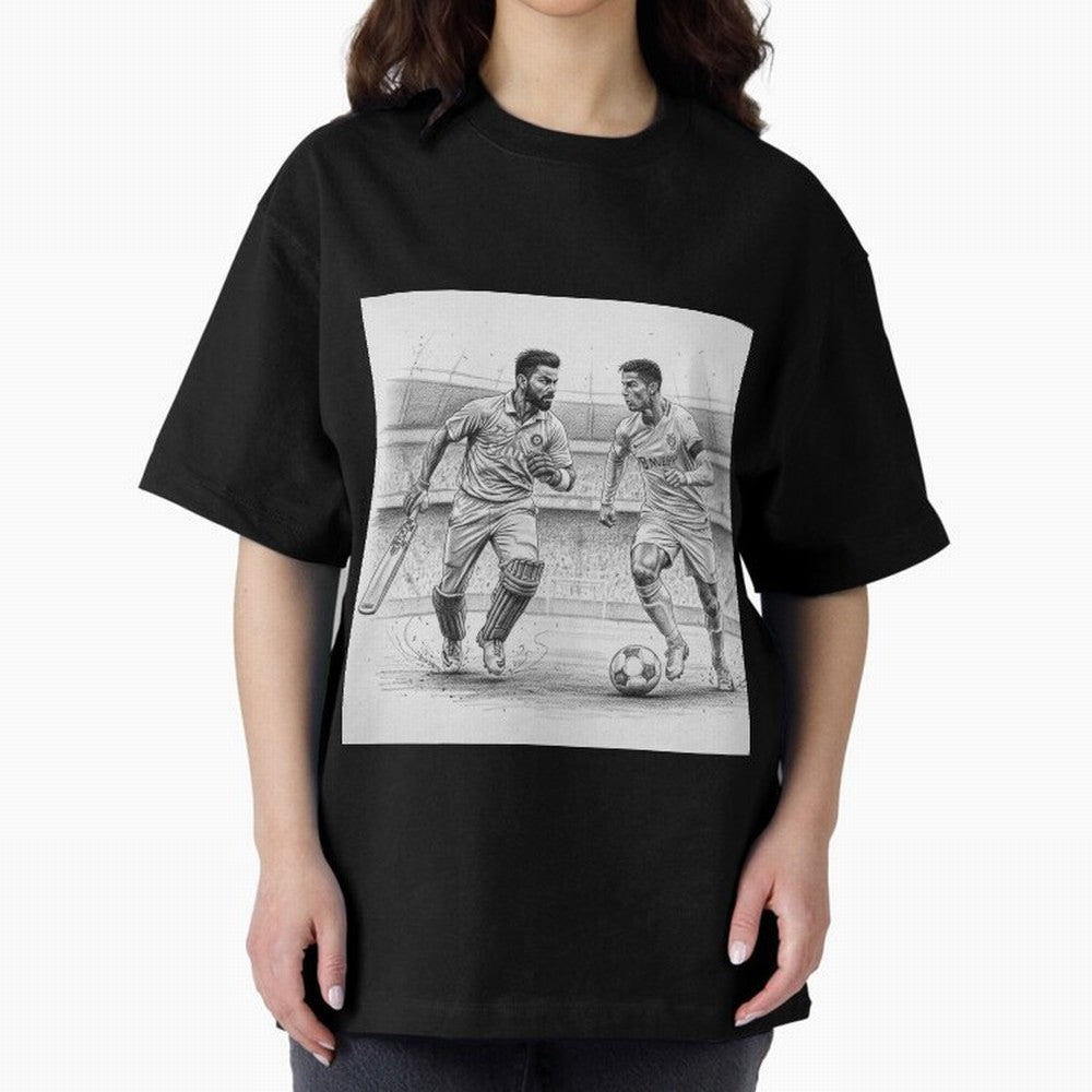Virat Kohli and Cristiano Ronaldo Oversized T-Shirt Capture FIFA World Cup 2026 Group Stage for Fans of Haaland and Mbappe and France, Bringing Sports Nostalgia, International Competition, Famous Players and Unforgettable Victories; Made for