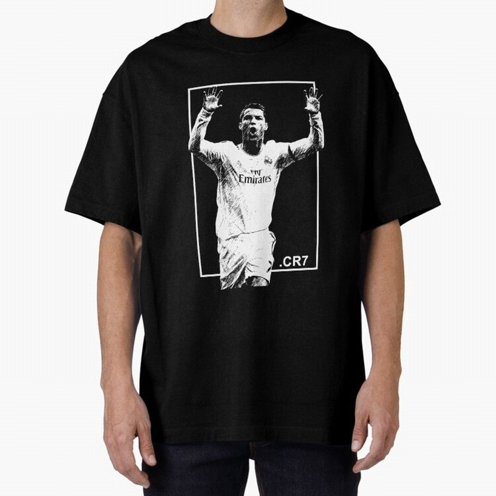 Cristiano Ronaldo CR7 in Black and White Design Oversized T-Shirt Feel International Energy from FIFA World Cup 2026 for Fans of CR7 and Spain, Bringing Game Day Rituals, Football Legends, Country Pride and the Road to the Final; Made for Die Hard