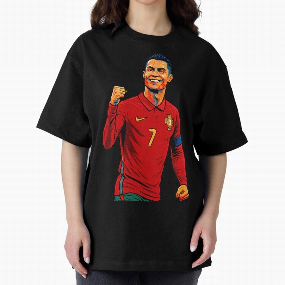 Cristiano Ronaldo Goal Pop Art Oversized T-Shirt Enjoy FIFA World Cup 2026 Spirit, Celebrating Spain, CR7 and Messi, Soccer Culture, Superstar Moments, National Team Dreams and Competitive Fire; Perfect for People Who Love Argentina, Brazil,