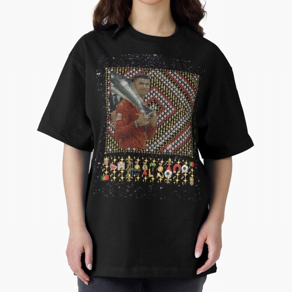 Iconic Emojified Football Legend Holding Victory Trophy | Inspired Art Oversized T-Shirt Celebrate National Team Dreams in FIFA World Cup 2026 Group Stage Spirit, with Netherlands, CR7 and Messi, Supporter Pride, Iconic Celebrations, Legendary