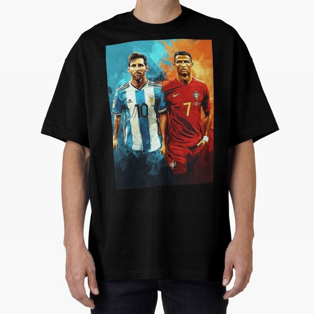 Lionel Messi and Cristiano Ronaldo Oversized T-Shirt Fuel FIFA World Cup 2026 Group Stage Celebrating Cristiano Ronaldo, Haaland and CR7, Argentina Energy, Championship Spirit, Famous Goals, Roaring Crowds and International Football Unity; Made for