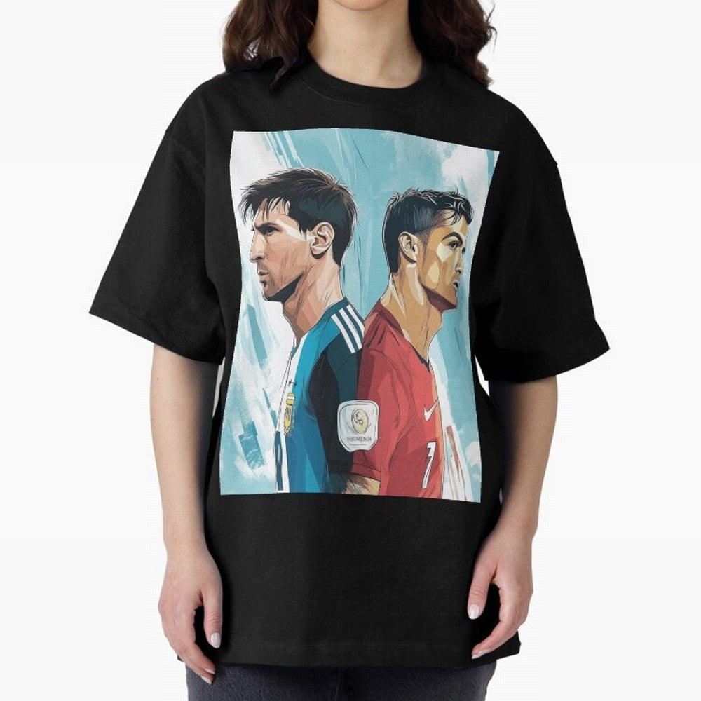 Lionel Messi and Cristiano Ronaldo Oversized T-Shirt Stand Out with Spirit from FIFA World Cup 2026 USA Canada Mexico Spirit, with Argentina and Brazil, Haaland, Global Supporter Spirit, Legendary Goals, National Colors and Tournament Celebration;