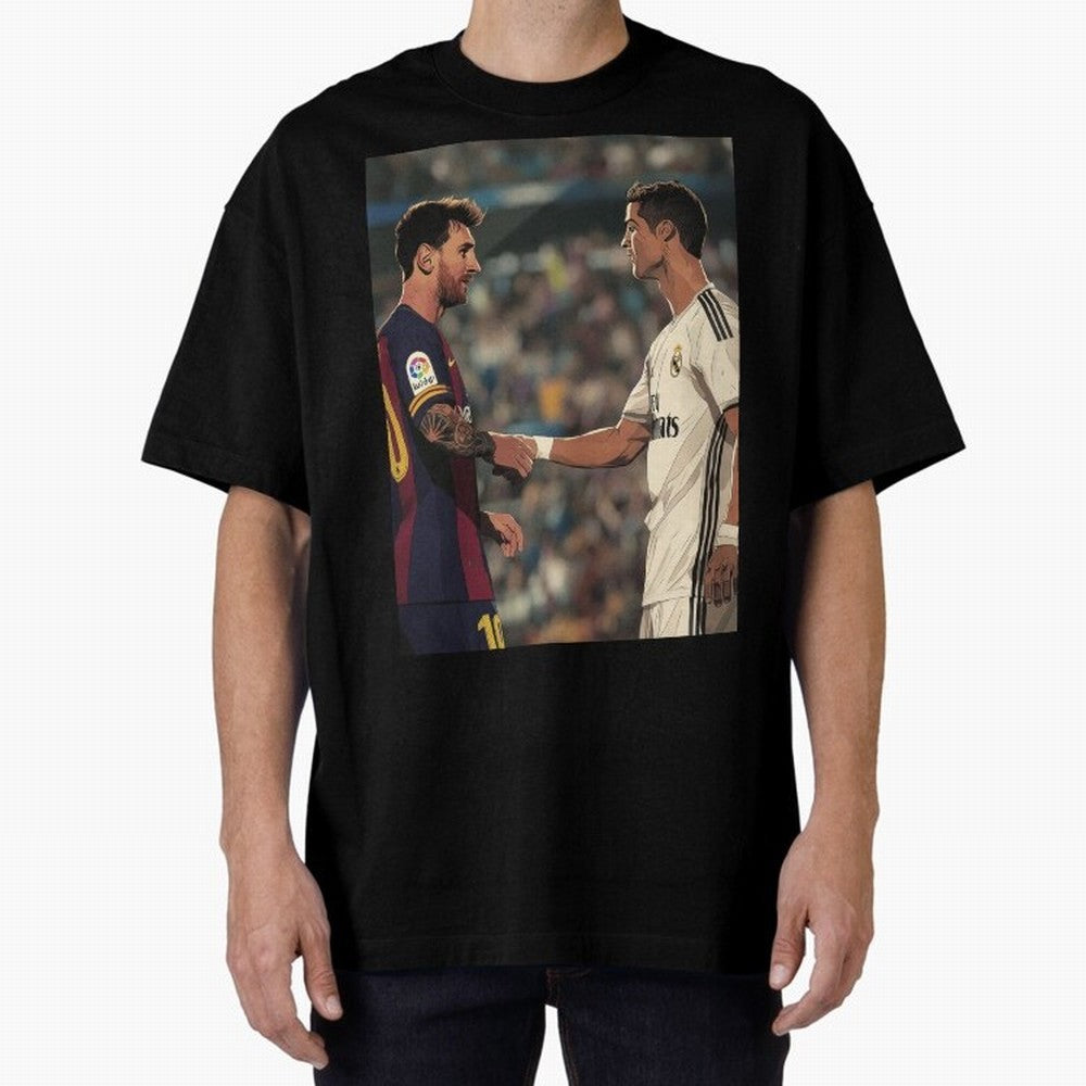 Lionel Messi and Cristiano Ronaldo Oversized T-Shirt Embrace Global Football Passion for FIFA World Cup 2026, Capturing Mbappe and Neymar, Brazil, Portugal and Argentina, Retro Football Energy, Iconic Rivalries, Trophy Chase Drama and Stadium