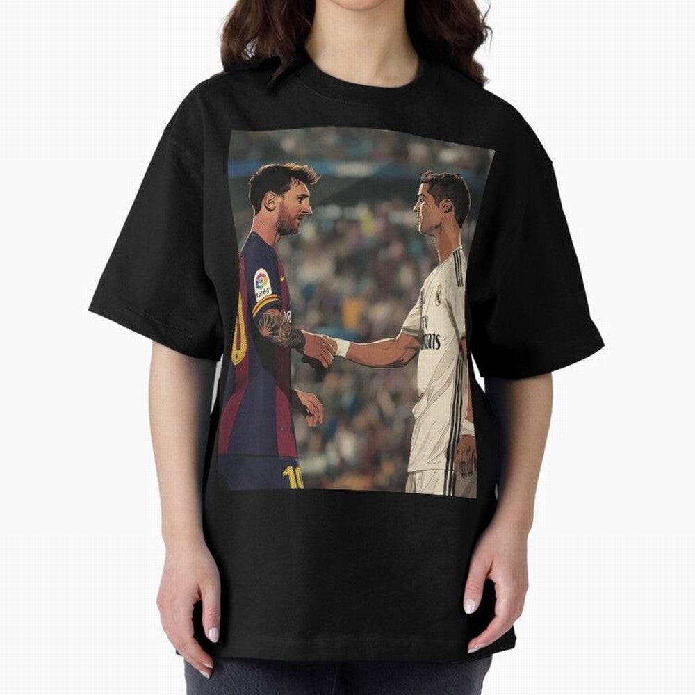 Lionel Messi and Cristiano Ronaldo Oversized T-Shirt Embrace Global Football Passion for FIFA World Cup 2026, Capturing Mbappe and Neymar, Brazil, Portugal and Argentina, Retro Football Energy, Iconic Rivalries, Trophy Chase Drama and Stadium