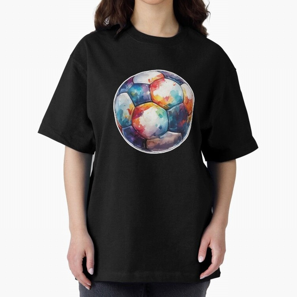 Football Soccer Ball Watercolor Illustration Drawing (Gray Blue BG) Oversized T-Shirt Celebrate Supporters United by Global Football Passion for FIFA World Cup 2026 USA Canada Mexico, Filled with Cristiano Ronaldo, Haaland and CR7, England, France