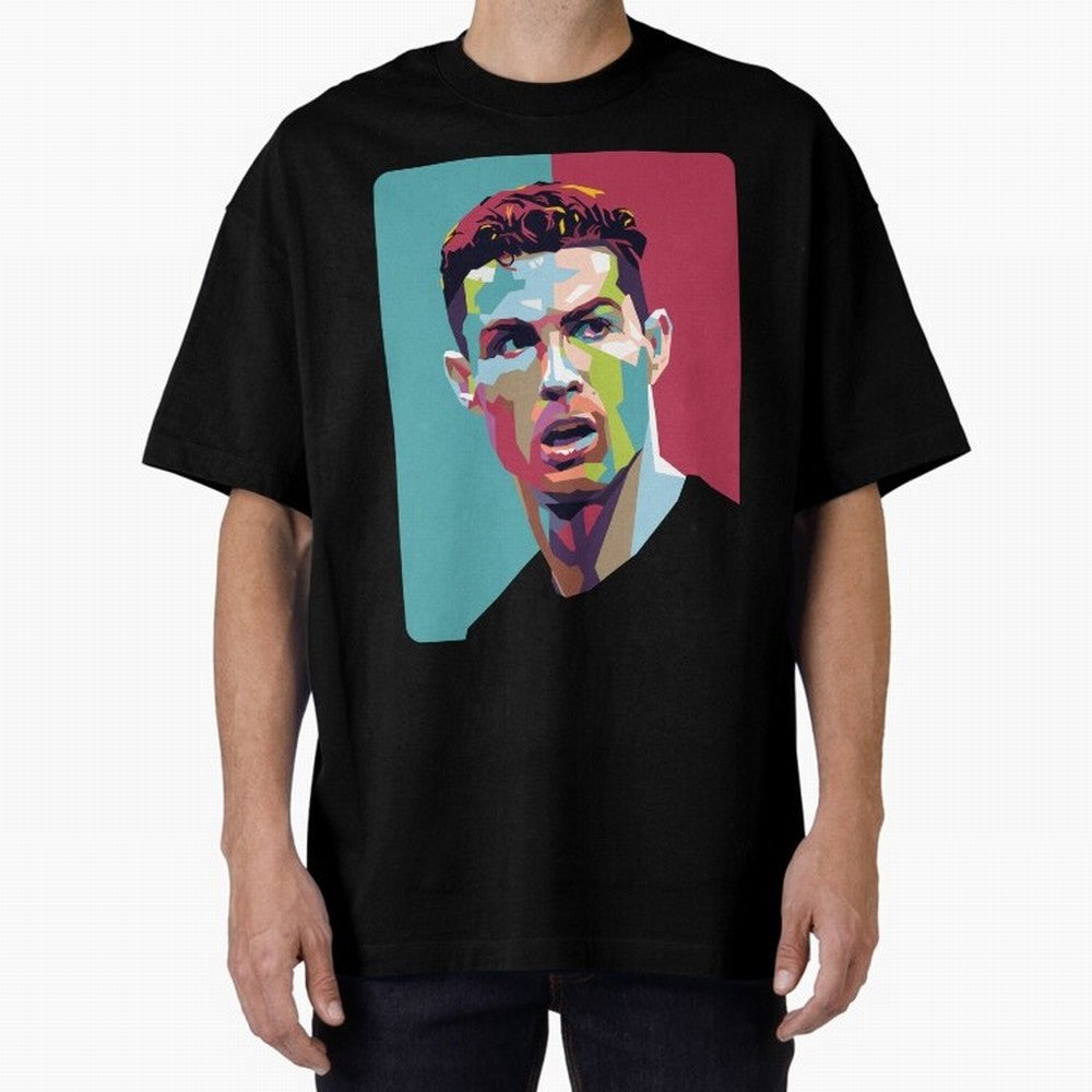 Cristiano Ronaldo 7 Pop Art Portrait Oversized T-Shirt Relive Legendary Nights from the FIFA World Cup 2026 Group Stage Journey through Messi, Neymar and Mbappe Highlights, France and Portugal Pride, Retro Football Energy, Iconic Rivalries, Trophy