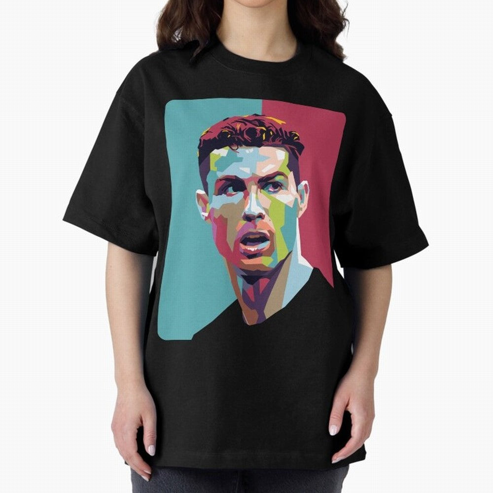 Cristiano Ronaldo 7 Pop Art Portrait Oversized T-Shirt Relive Legendary Nights from the FIFA World Cup 2026 Group Stage Journey through Messi, Neymar and Mbappe Highlights, France and Portugal Pride, Retro Football Energy, Iconic Rivalries, Trophy