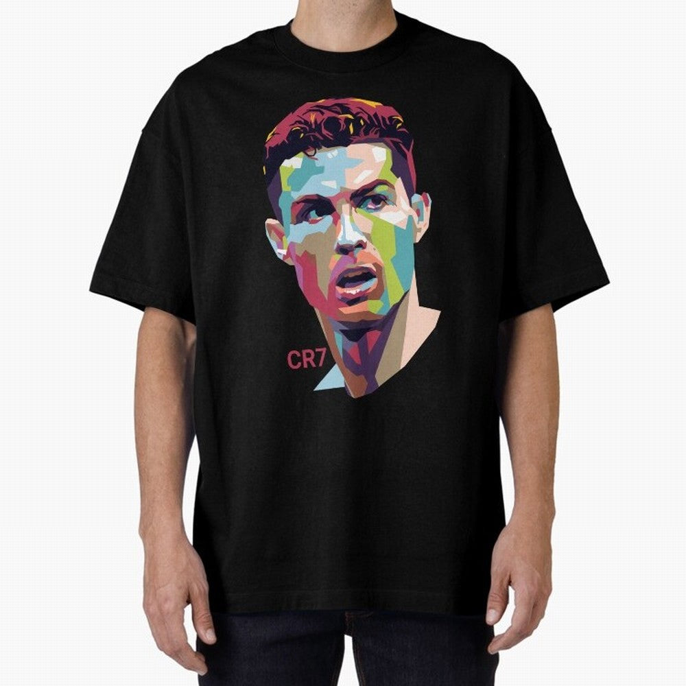 Cristiano Ronaldo Pop Art Portrait Oversized T-Shirt Bring a Vintage Feel to the FIFA World Cup 2026 Group Stage Journey through Messi, CR7 and Mbappe Highlights, Argentina, France and Brazil Pride, Supporter Pride, Iconic Celebrations, Legendary
