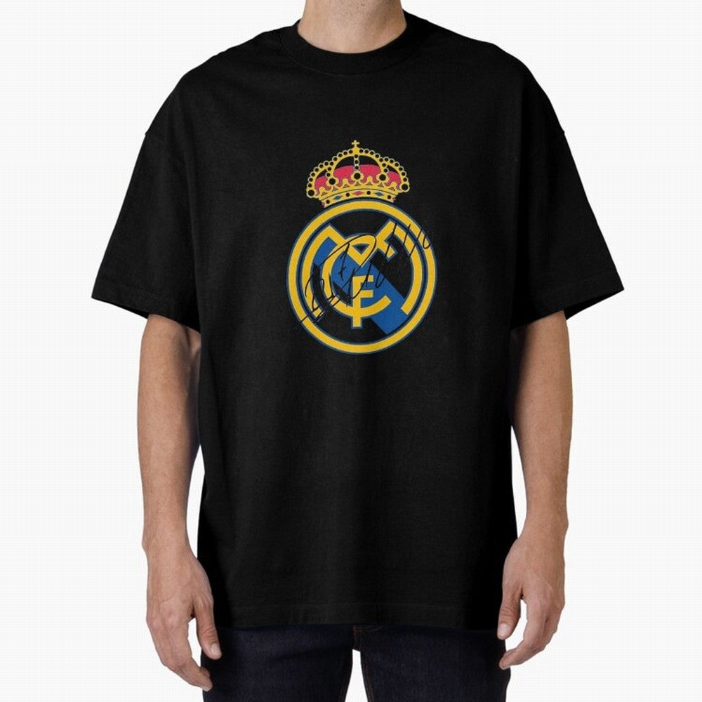Real Madrid C.F. crest with Cristiano Ronaldo's autograph Oversized T-Shirt Show Passion for the Stars of FIFA World Cup 2026 USA Canada Mexico Spirit, Inspired by Spain and Netherlands, Messi, CR7 and Mbappe, Global Supporter Spirit, Legendary