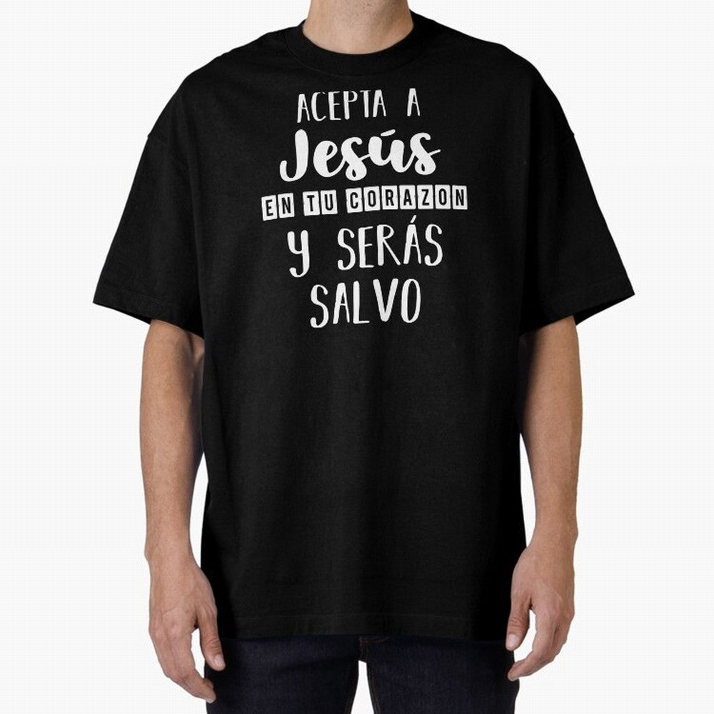 Acepta a Jes¨²s en tu Corazon Mensaje Cristianos Dios Spanish Oversized T-Shirt Join the Countdown to Global Football Passion for FIFA World Cup 2026 Group Stage, Inspired by Messi, Spain and Netherlands, Classic Soccer Heritage, Championship