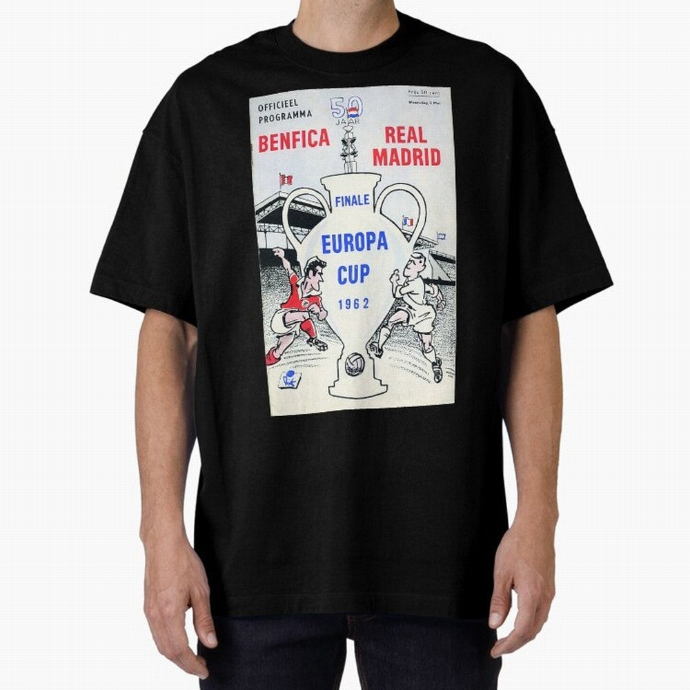 Vintage Champions League Final Poster - Real Madrid vs Benfica Oversized T-Shirt Bring a Vintage Feel to the FIFA World Cup 2026 Journey through Cristiano Ronaldo, Haaland and CR7 Highlights, Brazil, Portugal and Argentina Pride, Soccer Culture,