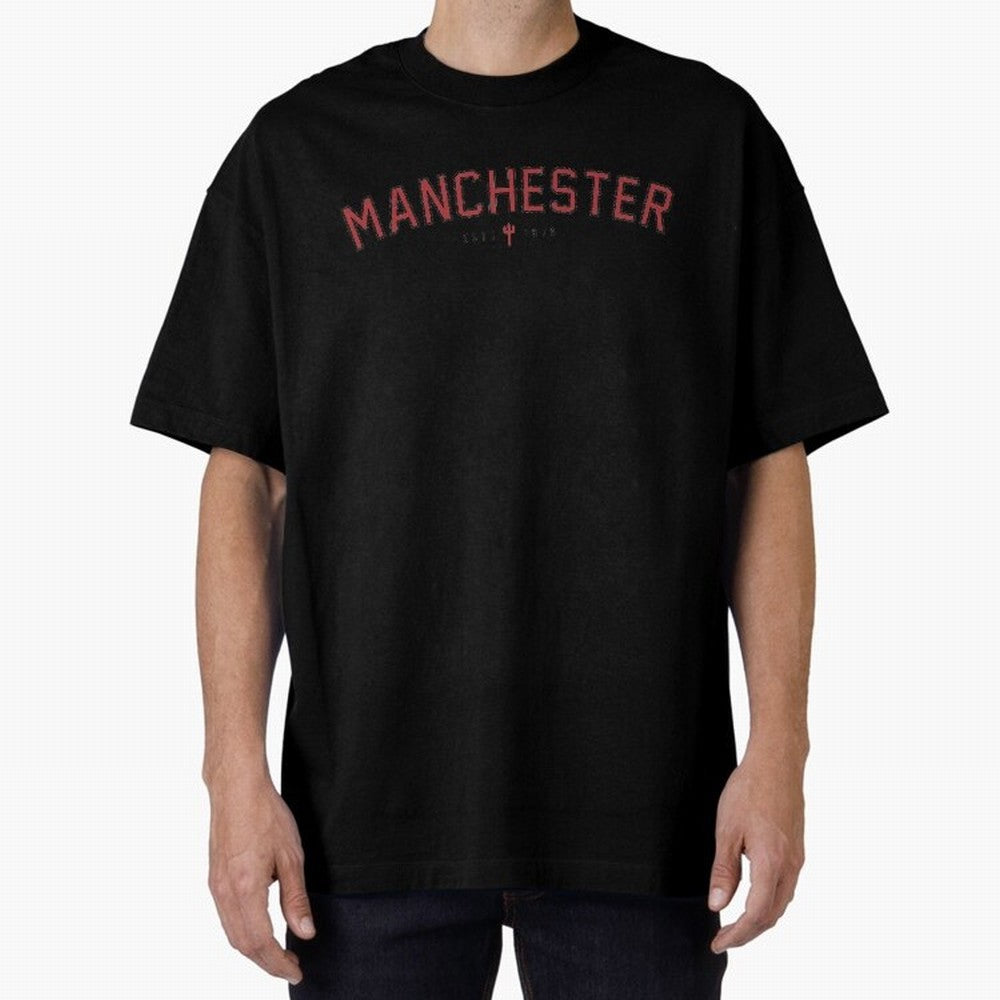 Manchester Retro Typography - MUFC Unofficial Merch Oversized T-Shirt Represent Football Lovers during FIFA World Cup 2026 Spirit, Celebrating Portugal, Spain and Germany, Messi, CR7 and Mbappe, Championship Spirit, Famous Goals, Roaring Crowds and