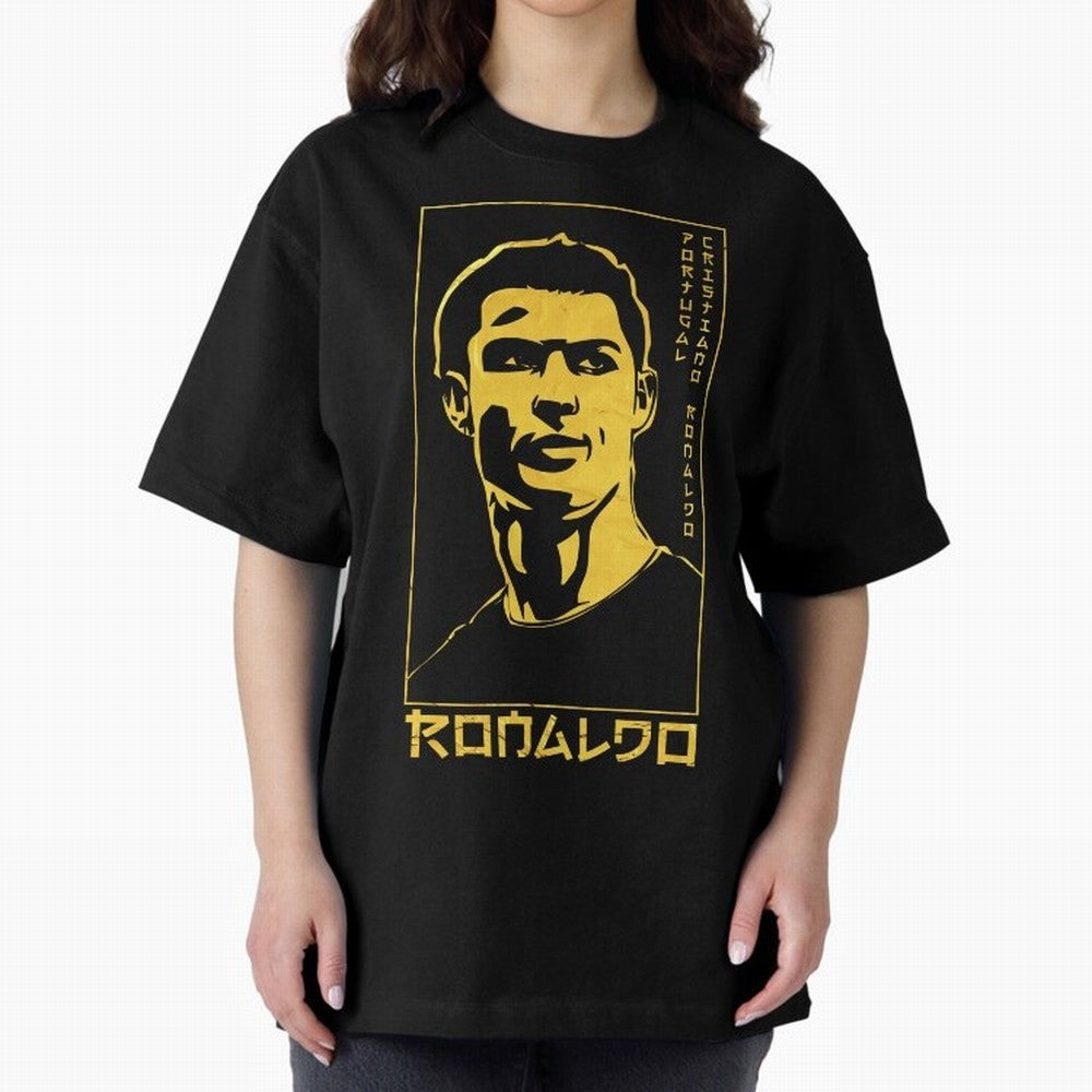 Ronaldo Golden Style Portrait art illustration Oversized T-Shirt Show Match Day Excitement for Match Day Hype around FIFA World Cup 2026, Messi, CR7 and Mbappe, Brazil, Portugal and Argentina, Championship Spirit, Famous Goals, Roaring Crowds and
