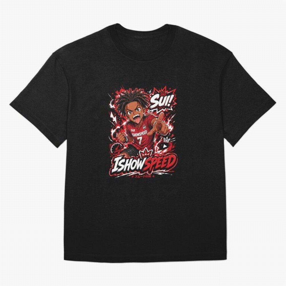 I Show Speed SUI Anime poster | Hype art Red Black Streewear Oversized T-Shirt Capture Global Football Passion for FIFA World Cup 2026, Capturing Messi and Cristiano Ronaldo, Brazil, Championship Spirit, Famous Goals, Roaring Crowds and