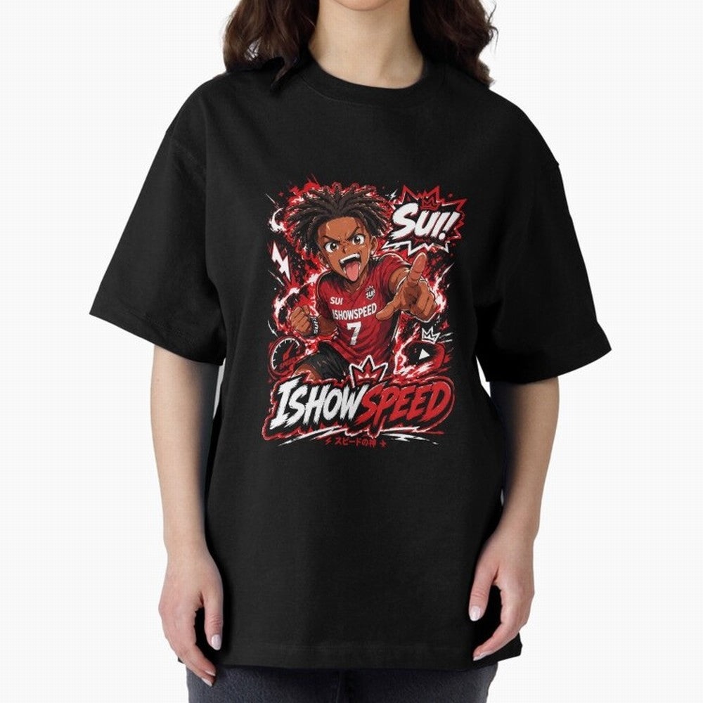 I Show Speed SUI Anime poster | Hype art Red Black Streewear Oversized T-Shirt Capture Global Football Passion for FIFA World Cup 2026, Capturing Messi and Cristiano Ronaldo, Brazil, Championship Spirit, Famous Goals, Roaring Crowds and