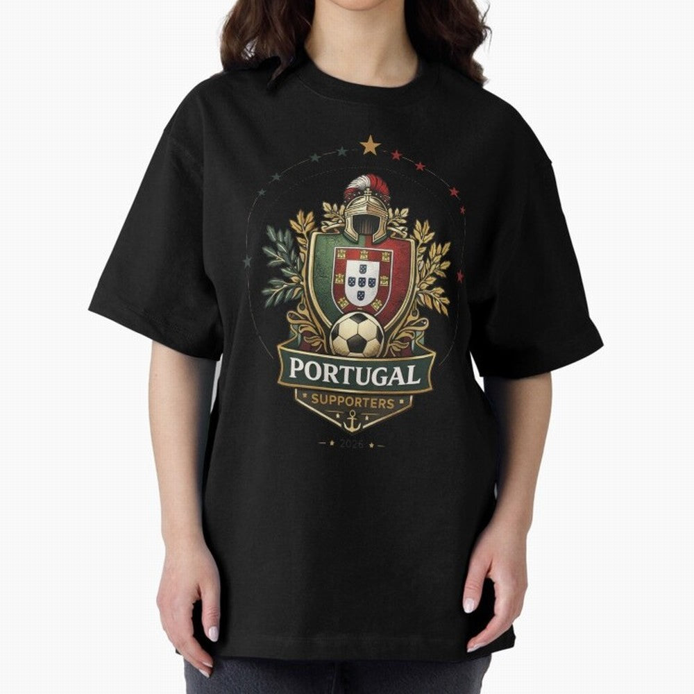 Portugal 2026 Football Crest ¨C Portuguese Soccer Supporters Pride Design Oversized T-Shirt Wear the Spirit of FIFA World Cup 2026 Group Stage Capturing Haaland, Germany Energy, Goal Celebration Energy, Supporter Heritage, Football Icons and