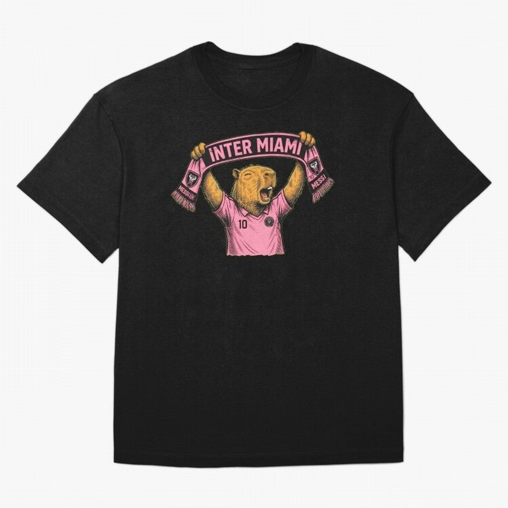 Capybara Inter Miami Fan Celebrating ¨C Funny Soccer Illustration with Scarf Oversized T-Shirt Keep the Match Day Mood of FIFA World Cup 2026 Group Stage for Fans of Haaland and Portugal, Spain and Germany, Bringing Football Festival Excitement,