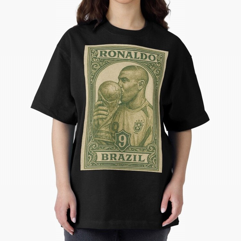 Vintage Brazilian Ronaldo Fenomeno R9 Football Legend Stamp Illustration ¨C Retro Soccer World Cup Art Print Oversized T-Shirt Celebrate Every Goal in FIFA World Cup 2026 for Fans of Neymar, Haaland and Cristiano Ronaldo and France, Bringing