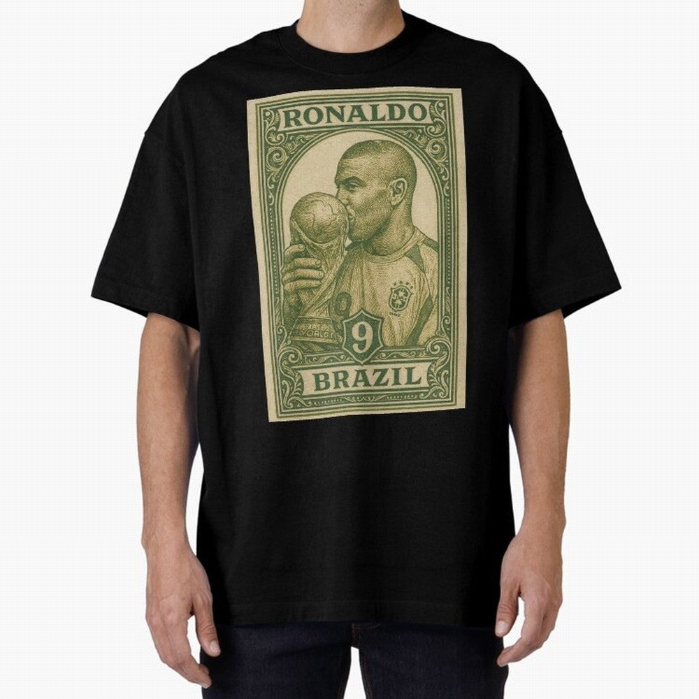 Vintage Brazilian Ronaldo Fenomeno R9 Football Legend Stamp Illustration ¨C Retro Soccer World Cup Art Print Oversized T-Shirt Celebrate Every Goal in FIFA World Cup 2026 for Fans of Neymar, Haaland and Cristiano Ronaldo and France, Bringing