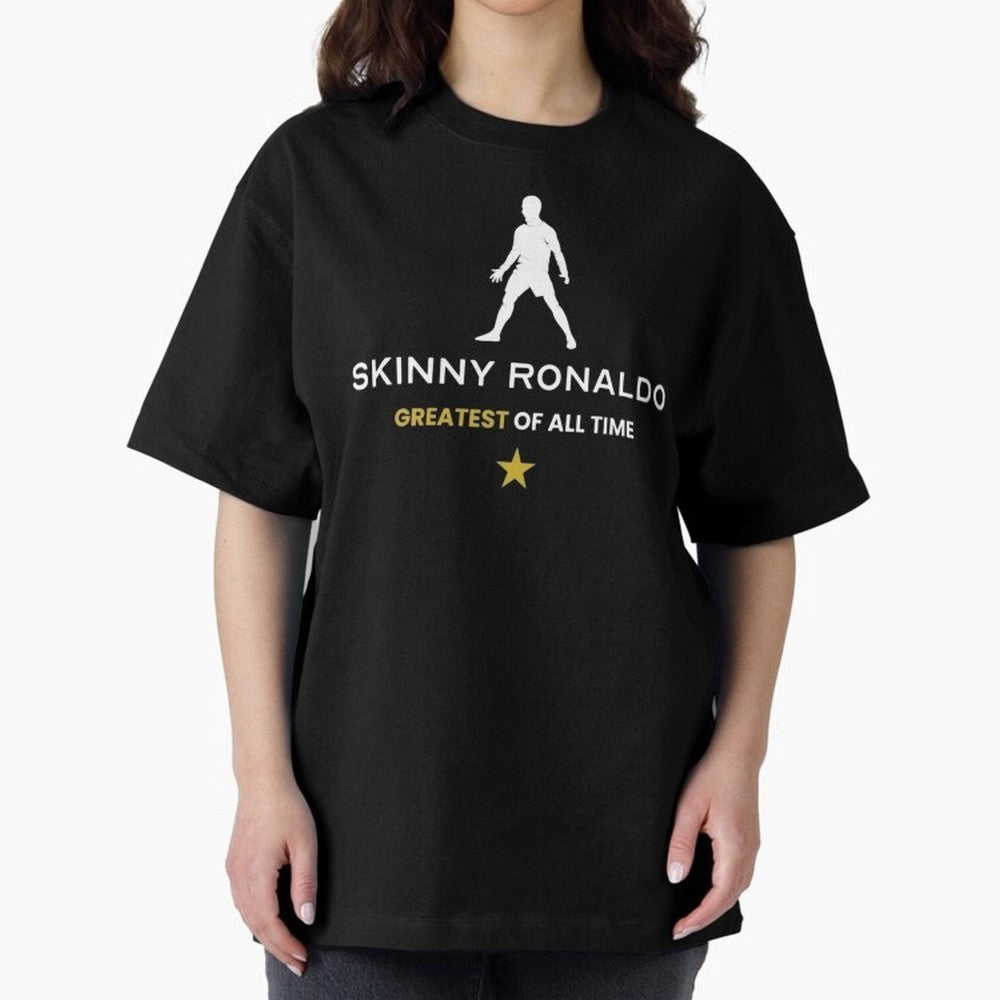 Skinny Ronaldo The Greatest Of All Time White Oversized T-Shirt Follow the Final Road of Global Football Passion for FIFA World Cup 2026 Group Stage, Featuring Cristiano Ronaldo, Haaland and CR7, Spain, Supporter Pride, Iconic Celebrations,