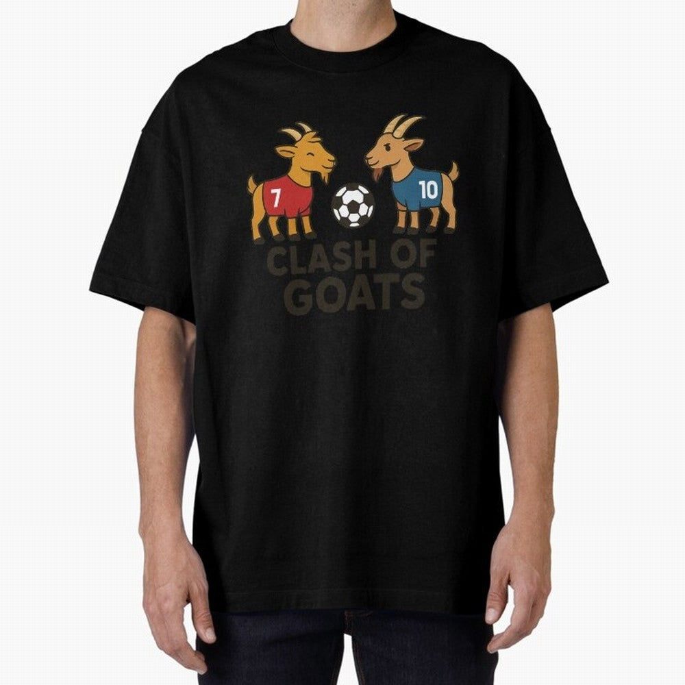 Clash of GOATs ¨C Funny Ronaldo vs Messi Inspired Football T-Shirt Design Oversized T-Shirt Show Match Day Excitement for the FIFA World Cup 2026 USA Canada Mexico Journey through Messi, CR7 and Mbappe Highlights, Portugal, Spain and Germany Pride,