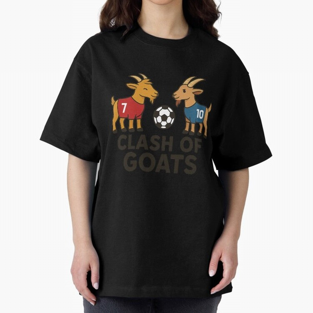 Clash of GOATs ¨C Funny Ronaldo vs Messi Inspired Football T-Shirt Design Oversized T-Shirt Show Match Day Excitement for the FIFA World Cup 2026 USA Canada Mexico Journey through Messi, CR7 and Mbappe Highlights, Portugal, Spain and Germany Pride,