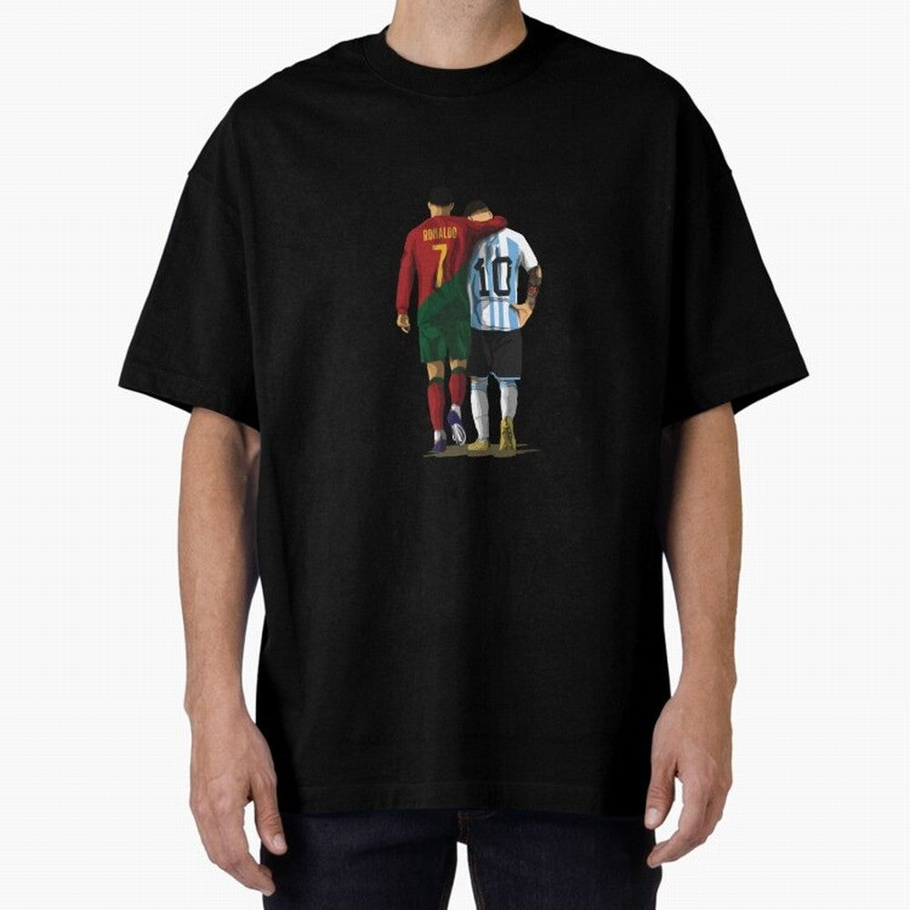 Messi Ronaldo Chit Chat Illustration Classic Oversized T-Shirt Celebrate Rivalries and Pride in FIFA World Cup 2026 USA Canada Mexico for Fans of Messi and Cristiano Ronaldo and Argentina, Bringing Football History, Final Match Energy, Crowd Noise