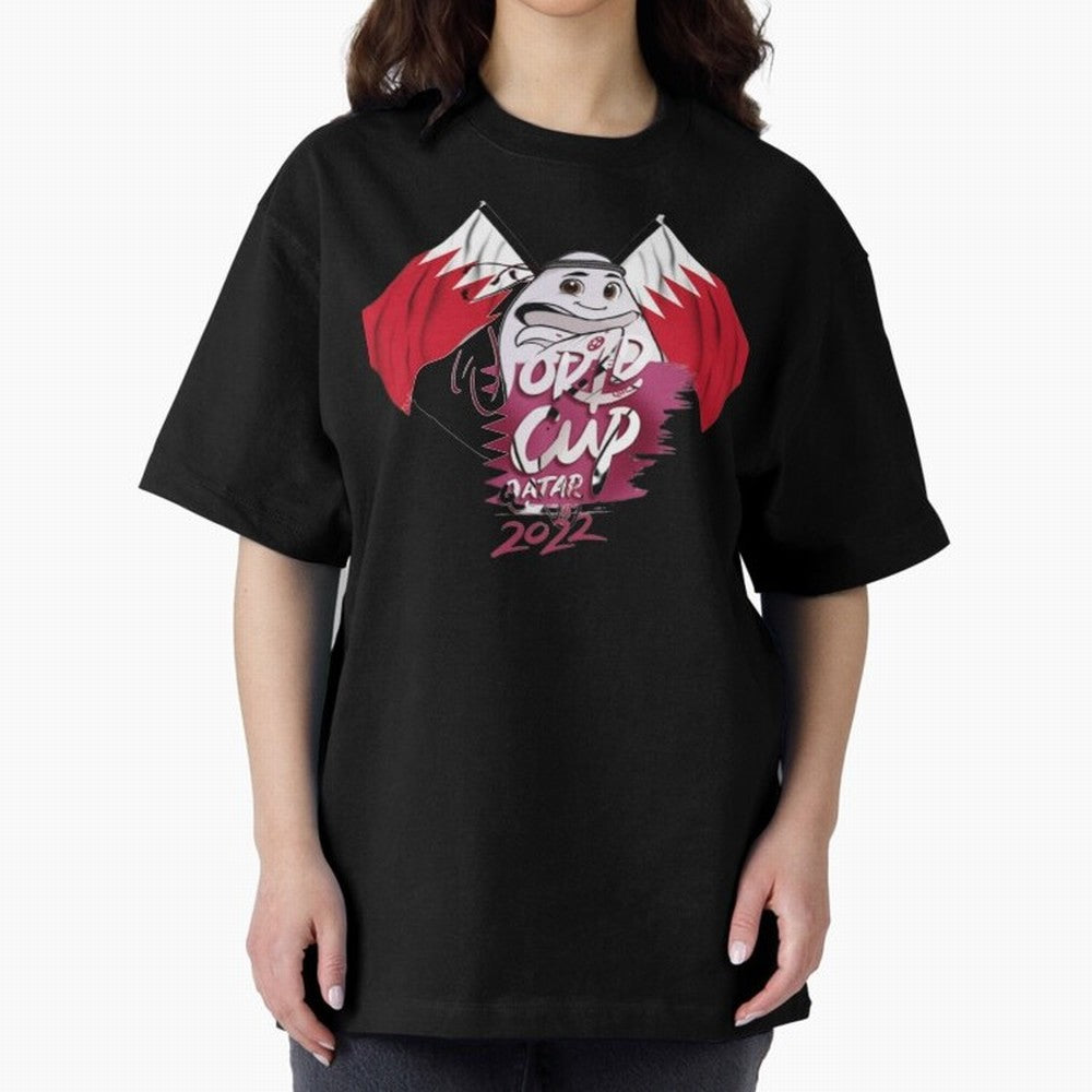 qatar mascot Oversized T-Shirt Experience FIFA World Cup 2026 USA Canada Mexico Built around Messi, CR7 and Mbappe, England, France and Netherlands Energy, Championship Spirit, Famous Goals, Roaring Crowds and International Football Unity; Perfect