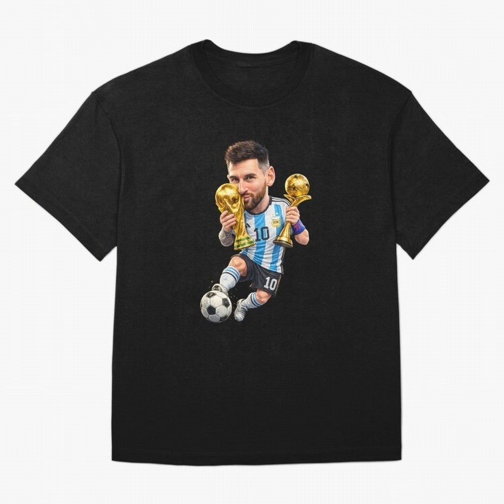 Lionel Messi ¨C Trophy King Caricature Oversized T-Shirt Carry FIFA World Cup 2026 Connected to Messi, Neymar and Mbappe, Spain and Netherlands Energy, Retro Football Energy, Iconic Rivalries, Trophy Chase Drama and Stadium Atmosphere; Perfect for