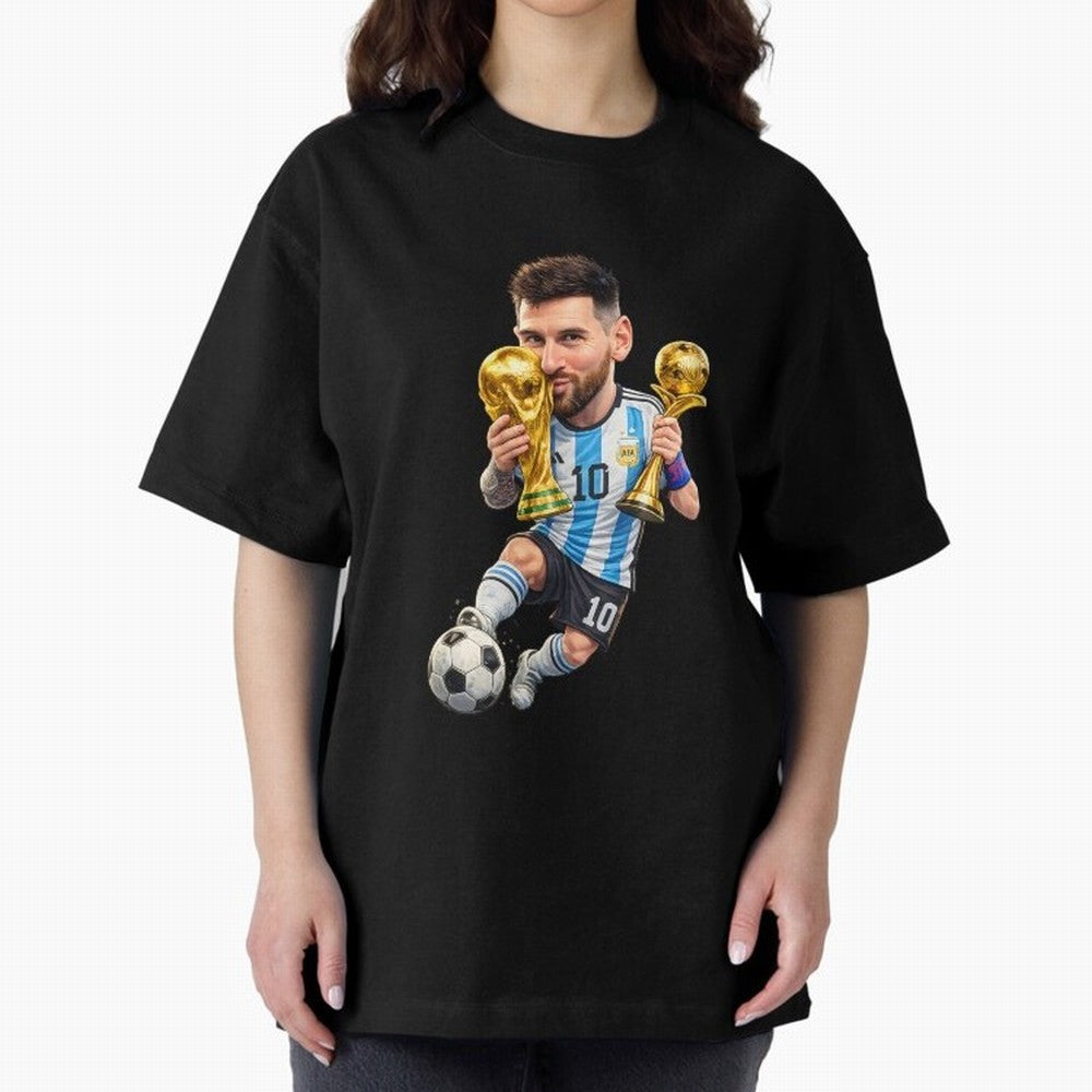 Lionel Messi ¨C Trophy King Caricature Oversized T-Shirt Carry FIFA World Cup 2026 Connected to Messi, Neymar and Mbappe, Spain and Netherlands Energy, Retro Football Energy, Iconic Rivalries, Trophy Chase Drama and Stadium Atmosphere; Perfect for