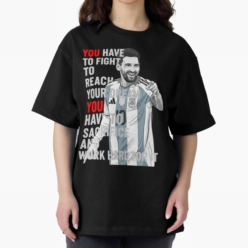 Lionel Messi Dream & Sacrifice Oversized T-Shirt Treasure Match Day Hype around FIFA World Cup 2026 USA Canada Mexico, Neymar, Haaland and Cristiano Ronaldo, Spain and Netherlands, Football Festival Excitement, Trophy Ambitions, Country Rivalries