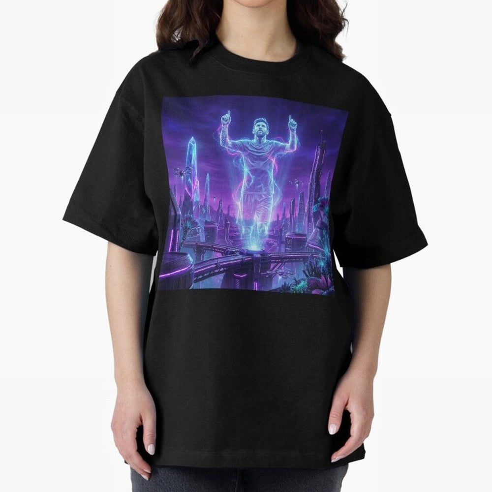 Lionel Messi (GOAT) Hologram in Futuristic Cyberpunk City (Version 2) Classic T-Shirt Keep the Legacy of FIFA World Cup 2026 Group Stage Connected to CR7, England Energy, Goal Celebration Energy, Supporter Heritage, Football Icons and Worldwide